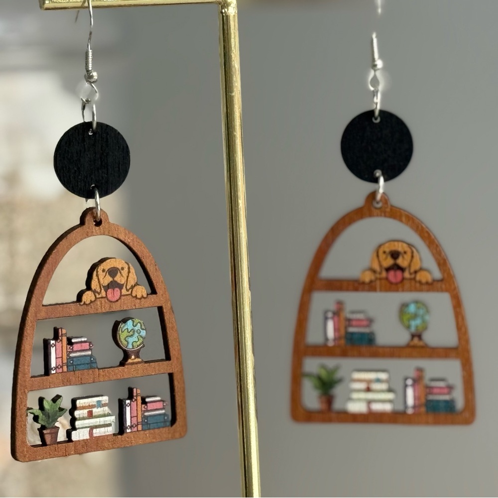 Wooden Bookshelf and Doggy Earrings